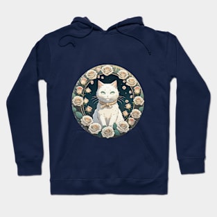 White Cat Pink Roses Hoodie